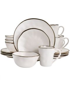 Elama Modern 16 Piece Stoneware Dinnerware Set in Matte White with Gold Rim
